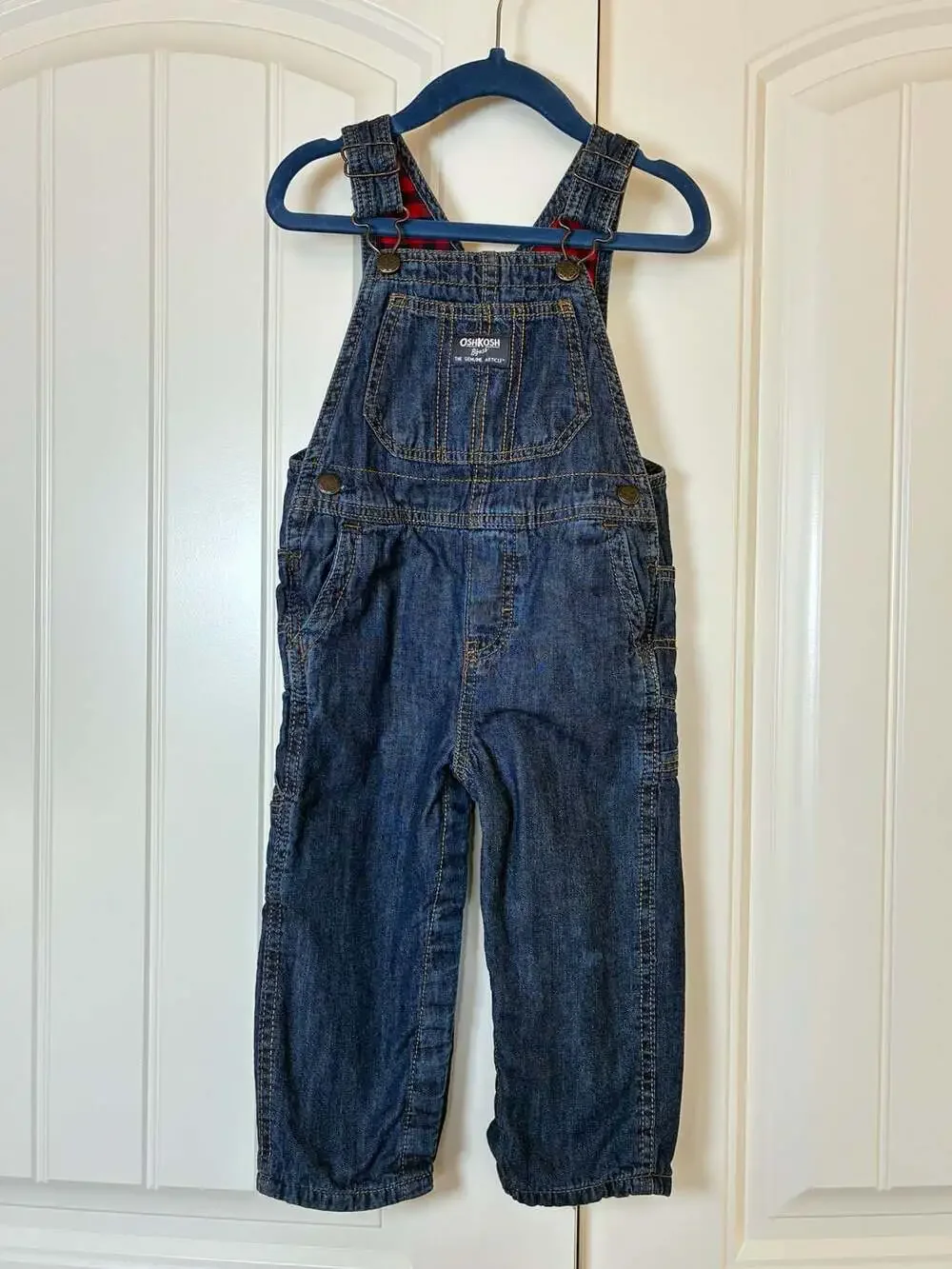 OshKosh B'gosh Red and Black Buffalo Plaid Lined Denim Overalls Size 24M